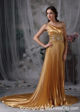 Ruching Gold Empire Asymmetrical Celebrity Dress Beading Brush Train