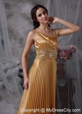 Ruching Gold Empire Asymmetrical Celebrity Dress Beading Brush Train