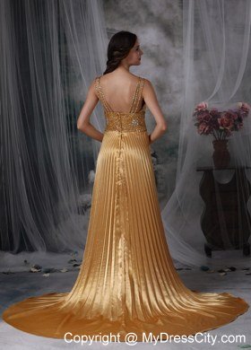 Ruching Gold Empire Asymmetrical Celebrity Dress Beading Brush Train