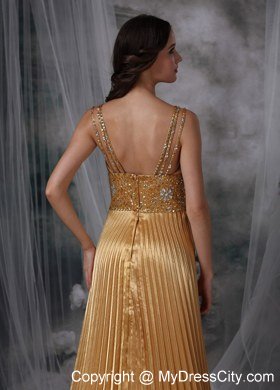 Ruching Gold Empire Asymmetrical Celebrity Dress Beading Brush Train