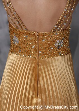 Ruching Gold Empire Asymmetrical Celebrity Dress Beading Brush Train