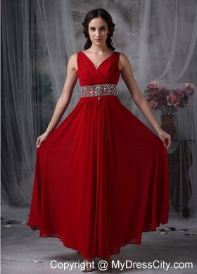 V-neck Chiffon Red Empire Ankle-length Celebrity Dress with Beaded Waist