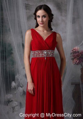 V-neck Chiffon Red Empire Ankle-length Celebrity Dress with Beaded Waist