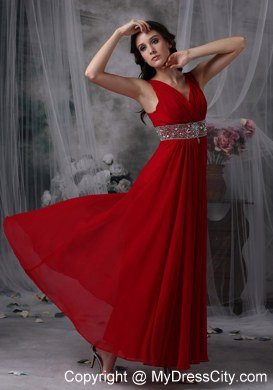 V-neck Chiffon Red Empire Ankle-length Celebrity Dress with Beaded Waist