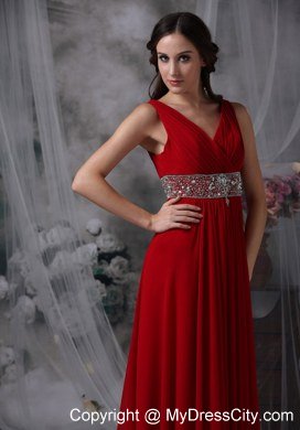 V-neck Chiffon Red Empire Ankle-length Celebrity Dress with Beaded Waist