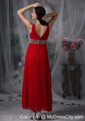 V-neck Chiffon Red Empire Ankle-length Celebrity Dress with Beaded Waist