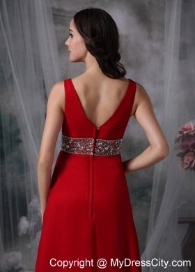 V-neck Chiffon Red Empire Ankle-length Celebrity Dress with Beaded Waist