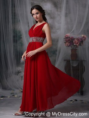 V-neck Chiffon Red Empire Ankle-length Celebrity Dress with Beaded Waist