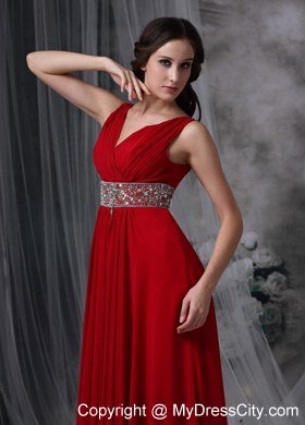 V-neck Chiffon Red Empire Ankle-length Celebrity Dress with Beaded Waist