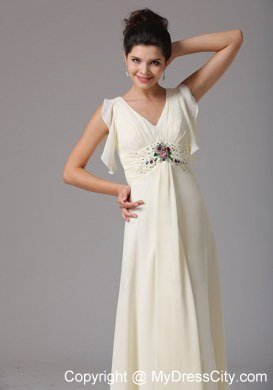 Light Yellow Empire V-neck Butterfly Sleeves Celebrity Dress With Beading