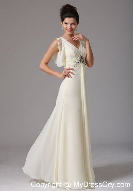 Light Yellow Empire V-neck Butterfly Sleeves Celebrity Dress With Beading