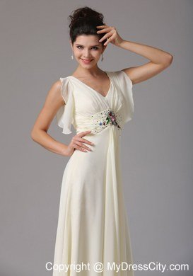 Light Yellow Empire V-neck Butterfly Sleeves Celebrity Dress With Beading
