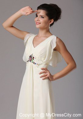 Light Yellow Empire V-neck Butterfly Sleeves Celebrity Dress With Beading