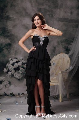 High-low Black Celebrity Dress Beaded Sweetheart with Ruffled Layers