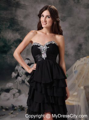 High-low Black Celebrity Dress Beaded Sweetheart with Ruffled Layers
