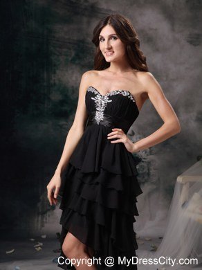 High-low Black Celebrity Dress Beaded Sweetheart with Ruffled Layers
