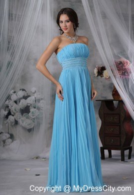 Pleated Bodice Beading Waist Aqua Blue Floor-length Celebrity Dress