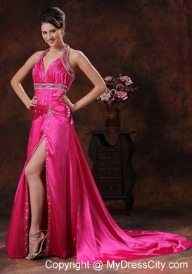 Beaded Halter High Slit Hot Pink Celebrity Dress Ruche With Brush Train