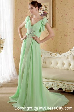 Short Sleeves Apple Green V-neck Court Train Celebrity Dress Chiffon Beading