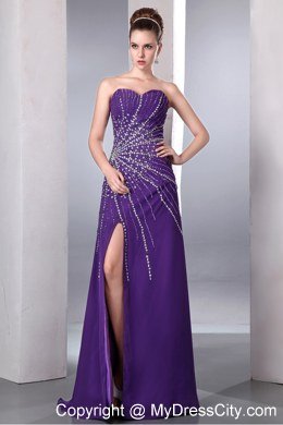 Purple Column Sweetheart Chiffon Beading Celebrity Dress with High Slit