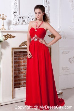Beaded Halter Sweetheart Red Empire Brush Train Celebrity Dress Chiffon