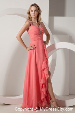 V-neck Straps Watermelon Chiffon Beading Side slit Celebrity Dress