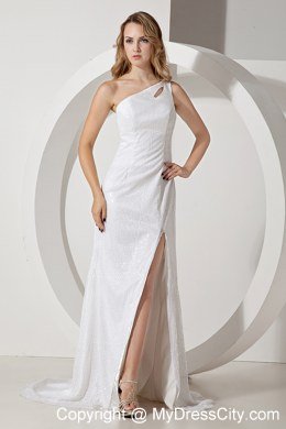 White Sequin Column One Shoulder Celebrity Dress with Brush Train