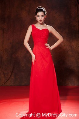 Red One Shoulder Ruched Bridesmaid Dress Floor-length Chiffon