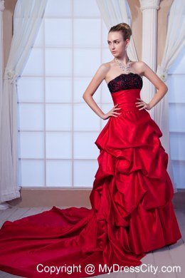 2014 Hot Red A-line Strapless Beaded Lace Bridal Gown with Chapel Train