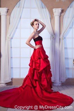 2014 Hot Red A-line Strapless Beaded Lace Bridal Gown with Chapel Train