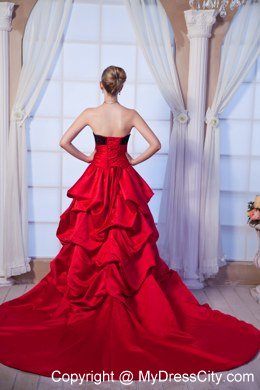 2014 Hot Red A-line Strapless Beaded Lace Bridal Gown with Chapel Train