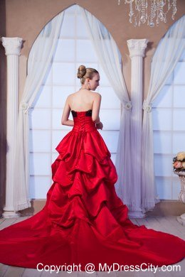 2014 Hot Red A-line Strapless Beaded Lace Bridal Gown with Chapel Train