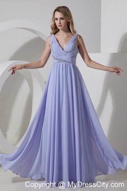 Beaded Decorate V-neck Floor-length Lilac Chiffon Celebrity Dress