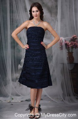 Fitted Navy Blue Strapless A-line Knee-length Ruching Junior Bridesmaid Dress