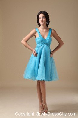 Aqua Blue V-neck Knee-length Organza Ruches Cocktails Dresses