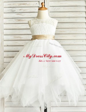 Scoop Floor Length White Flower Girl Dresses Tulle Sleeveless Lace and Ruffled Layers and Sashes ribbons
