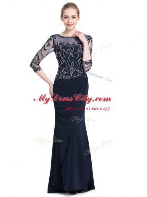 Super Floor Length Navy Blue Prom Gown Bateau 3 4 Length Sleeve Zipper