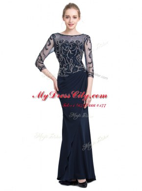 Super Floor Length Navy Blue Prom Gown Bateau 3 4 Length Sleeve Zipper