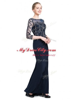 Super Floor Length Navy Blue Prom Gown Bateau 3 4 Length Sleeve Zipper