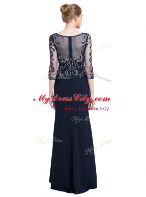 Super Floor Length Navy Blue Prom Gown Bateau 3 4 Length Sleeve Zipper