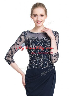 Super Floor Length Navy Blue Prom Gown Bateau 3 4 Length Sleeve Zipper