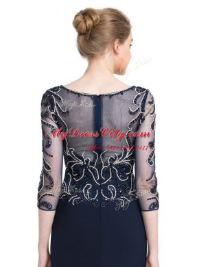 Super Floor Length Navy Blue Prom Gown Bateau 3 4 Length Sleeve Zipper