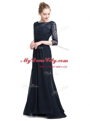 Top Selling Floor Length Column/Sheath 3 4 Length Sleeve Black Prom Evening Gown Zipper