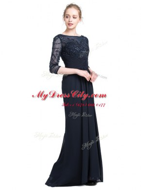 Top Selling Floor Length Column/Sheath 3 4 Length Sleeve Black Prom Evening Gown Zipper