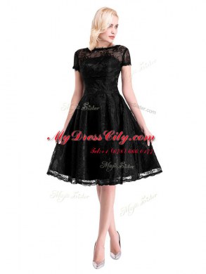Super Lace Short Sleeves Knee Length Prom Dresses and Lace