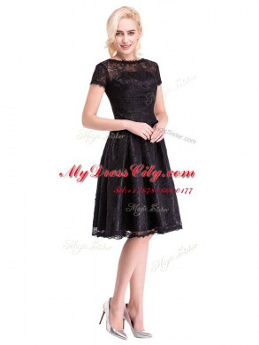 Super Lace Short Sleeves Knee Length Prom Dresses and Lace