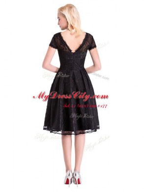 Super Lace Short Sleeves Knee Length Prom Dresses and Lace