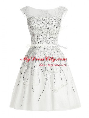 Modest Scoop Cap Sleeves Organza Mini Length Zipper Prom Dresses in White with Beading