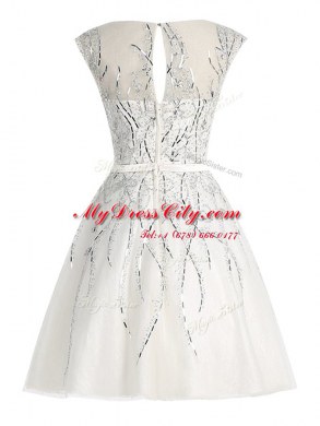 Modest Scoop Cap Sleeves Organza Mini Length Zipper Prom Dresses in White with Beading