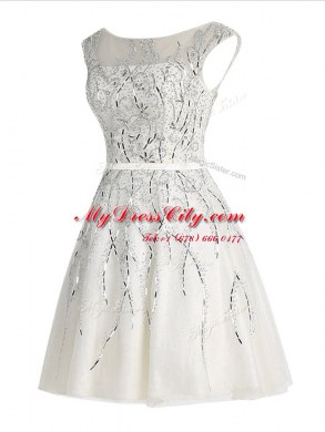 Modest Scoop Cap Sleeves Organza Mini Length Zipper Prom Dresses in White with Beading